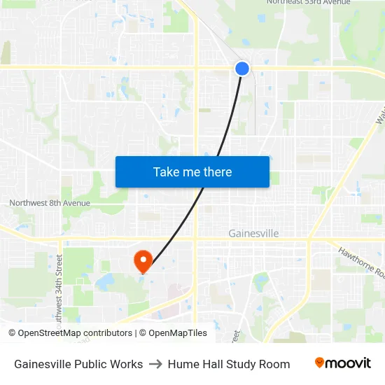 Gainesville Public Works to Hume Hall Study Room map