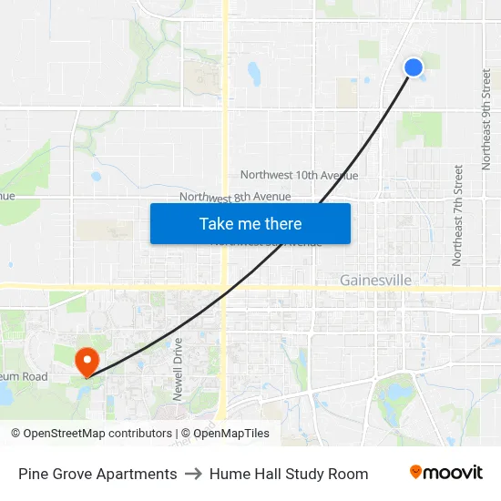 Pine Grove Apartments to Hume Hall Study Room map