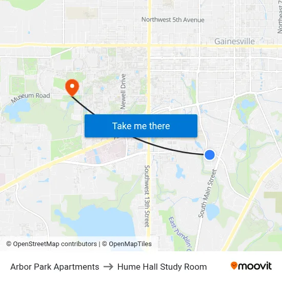 Arbor Park Apartments to Hume Hall Study Room map