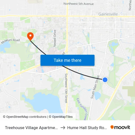 Treehouse Village Apartments to Hume Hall Study Room map
