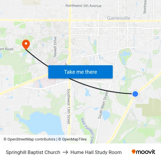 Springhill Baptist Church to Hume Hall Study Room map