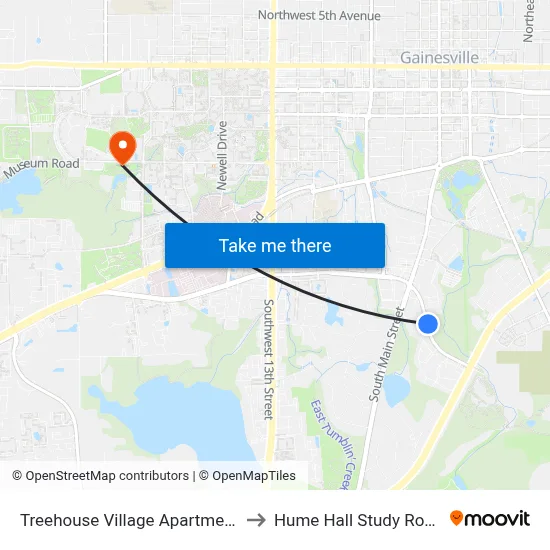 Treehouse Village Apartments to Hume Hall Study Room map