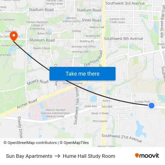 Sun Bay Apartments to Hume Hall Study Room map