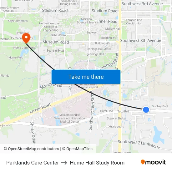 Parklands Care Center to Hume Hall Study Room map