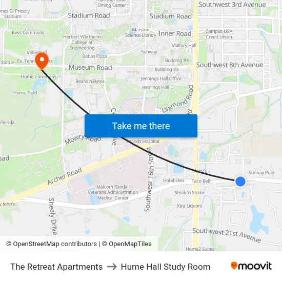 The Retreat Apartments to Hume Hall Study Room map