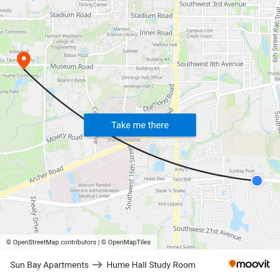 Sun Bay Apartments to Hume Hall Study Room map