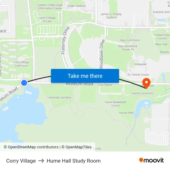 Corry Village to Hume Hall Study Room map