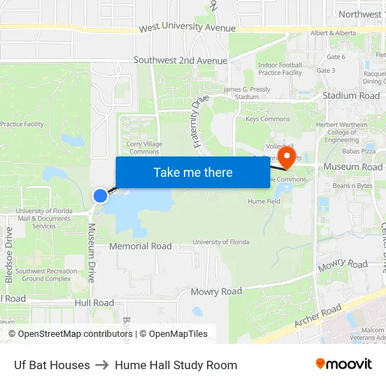 Uf Bat Houses to Hume Hall Study Room map