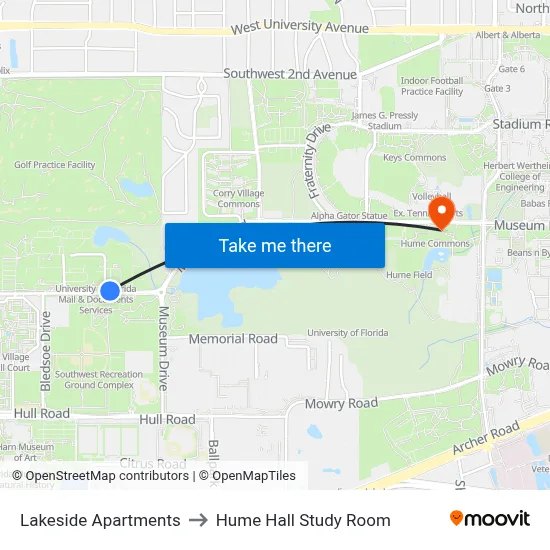 Lakeside Apartments to Hume Hall Study Room map