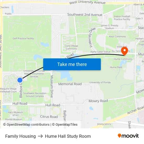 Family Housing to Hume Hall Study Room map