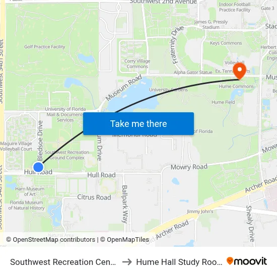 Southwest Recreation Center to Hume Hall Study Room map