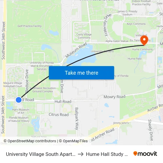 University Village South Apartments to Hume Hall Study Room map