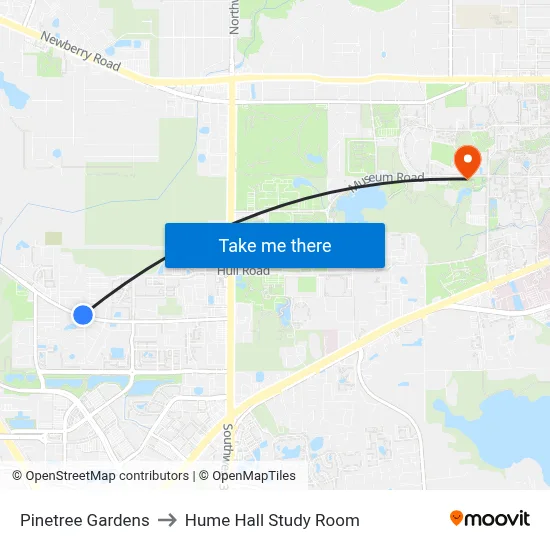 Pinetree Gardens to Hume Hall Study Room map