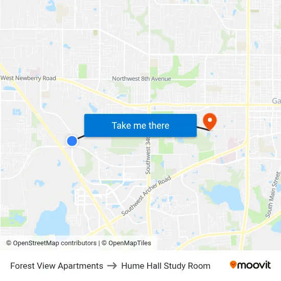 Forest View Apartments to Hume Hall Study Room map