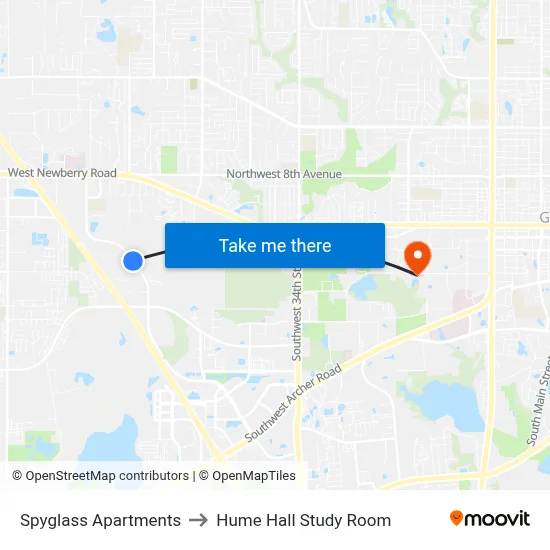 Spyglass Apartments to Hume Hall Study Room map