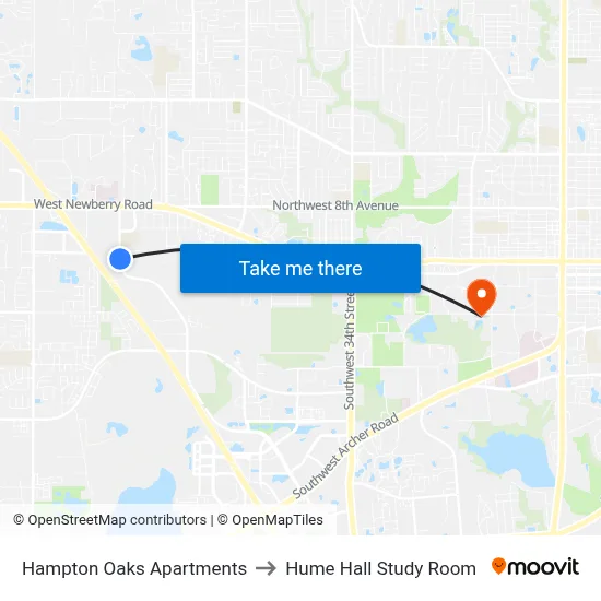 Hampton Oaks Apartments to Hume Hall Study Room map