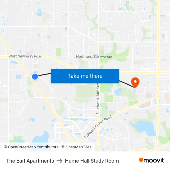 The Earl Apartments to Hume Hall Study Room map