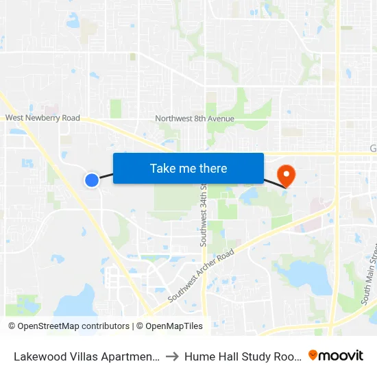 Lakewood Villas Apartments to Hume Hall Study Room map