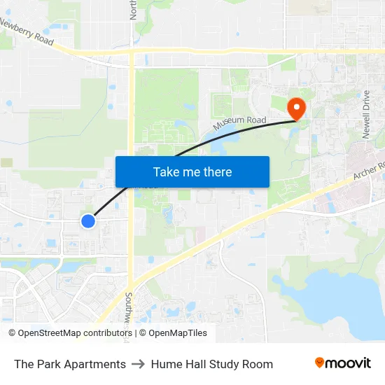 The Park Apartments to Hume Hall Study Room map