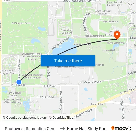 Southwest Recreation Center to Hume Hall Study Room map