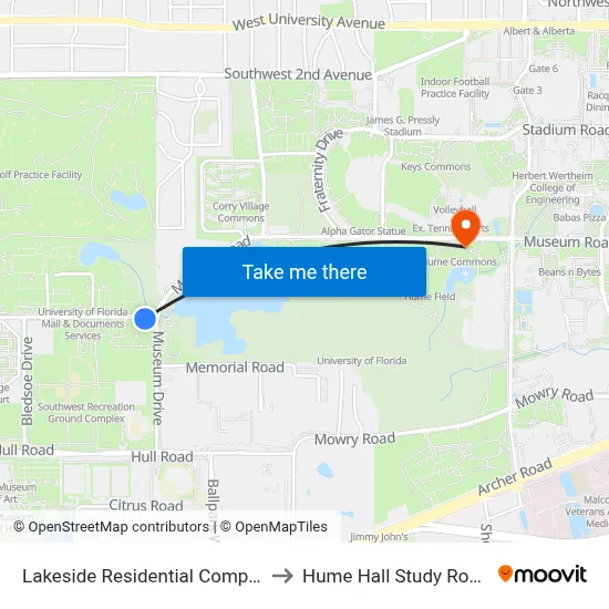 Lakeside Residential Complex to Hume Hall Study Room map