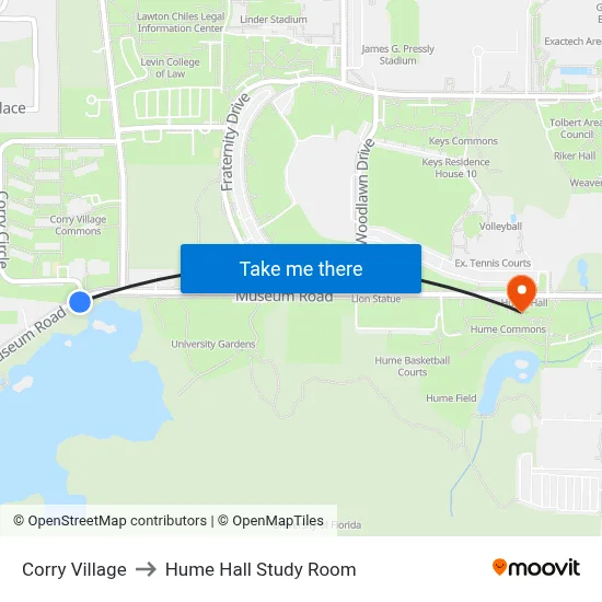 Corry Village to Hume Hall Study Room map