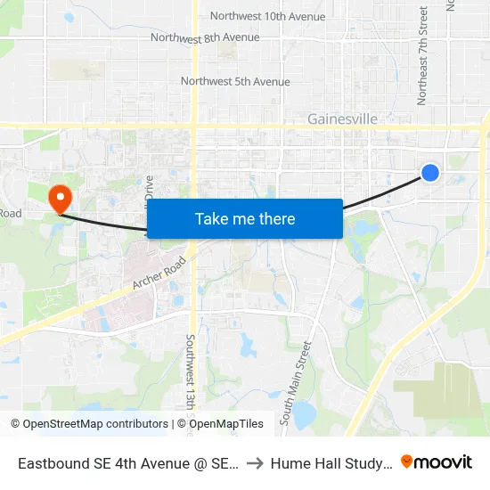 Eastbound SE 4th Avenue @ SE 8th Street to Hume Hall Study Room map