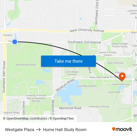 Westgate Plaza to Hume Hall Study Room map