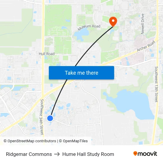 Ridgemar Commons to Hume Hall Study Room map