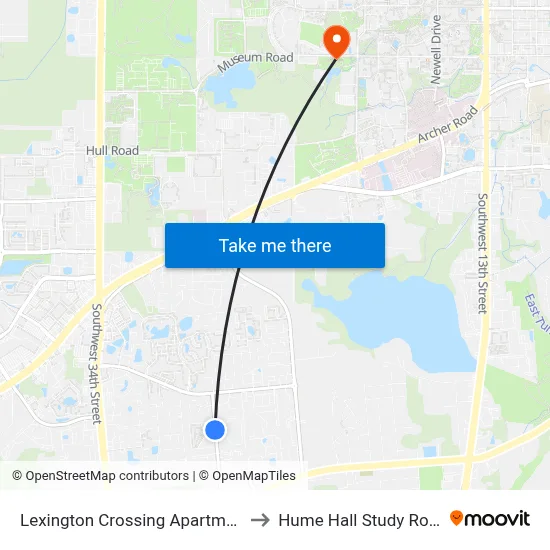 Lexington Crossing Apartments to Hume Hall Study Room map
