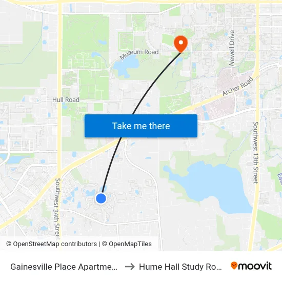 Gainesville Place Apartments to Hume Hall Study Room map