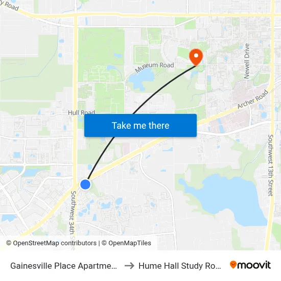 Gainesville Place Apartments to Hume Hall Study Room map