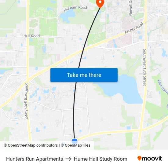 Hunters Run Apartments to Hume Hall Study Room map