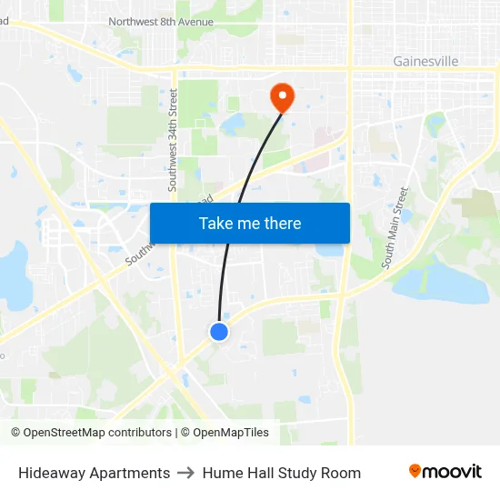 Hideaway Apartments to Hume Hall Study Room map