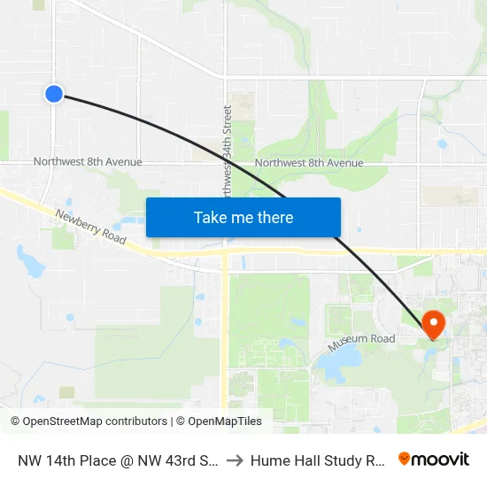 NW 14th Place @ NW 43rd Street to Hume Hall Study Room map