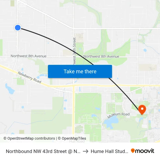 Northbound NW 43rd Street @ NW 16th Place to Hume Hall Study Room map