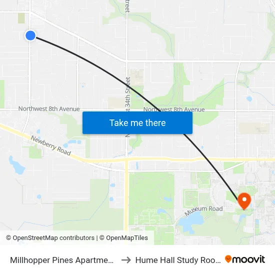 Millhopper Pines Apartments to Hume Hall Study Room map