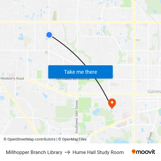 Millhopper Branch Library to Hume Hall Study Room map