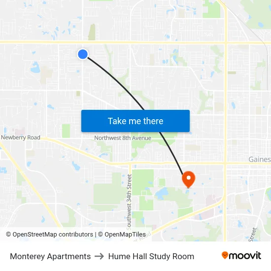 Monterey Apartments to Hume Hall Study Room map