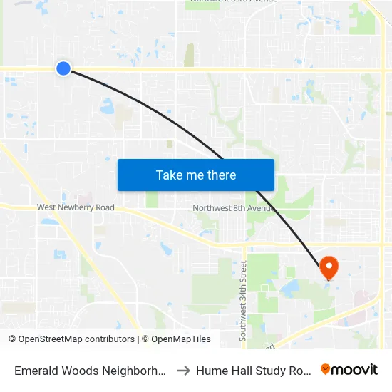 Emerald Woods Neighborhood to Hume Hall Study Room map