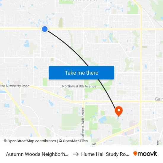 Autumn Woods Neighborhood to Hume Hall Study Room map