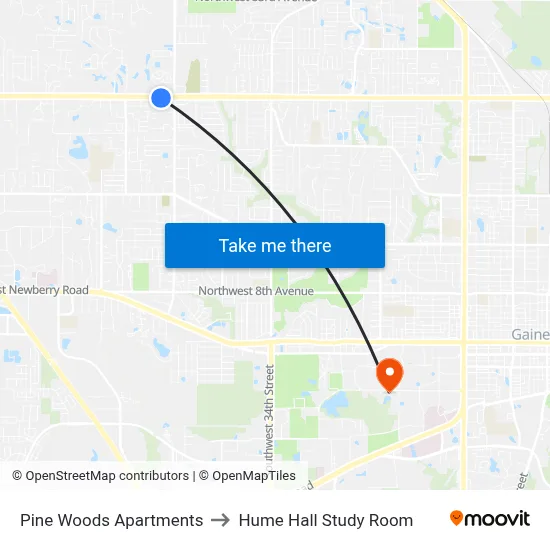 Pine Woods Apartments to Hume Hall Study Room map