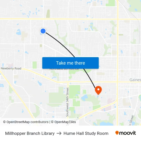 Millhopper Branch Library to Hume Hall Study Room map