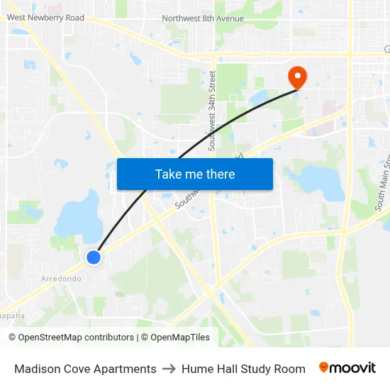 Madison Cove Apartments to Hume Hall Study Room map