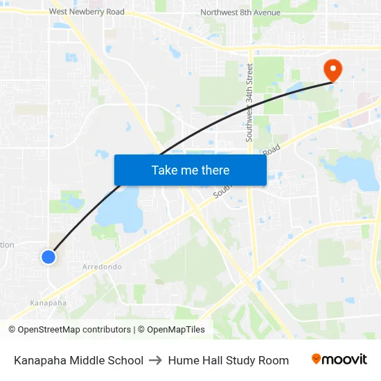 Kanapaha Middle School to Hume Hall Study Room map