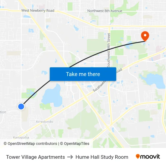 Tower Village Apartments to Hume Hall Study Room map