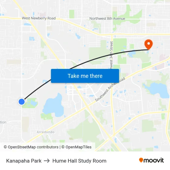 Kanapaha Park to Hume Hall Study Room map