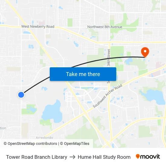 Tower Road Branch Library to Hume Hall Study Room map