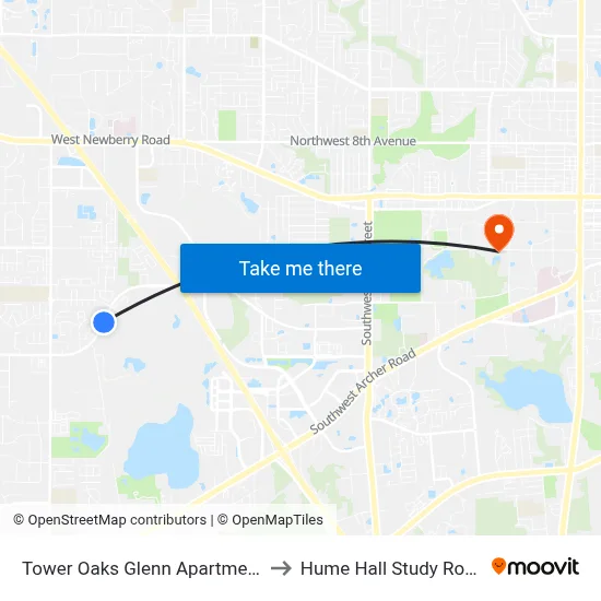 Tower Oaks Glenn Apartments to Hume Hall Study Room map
