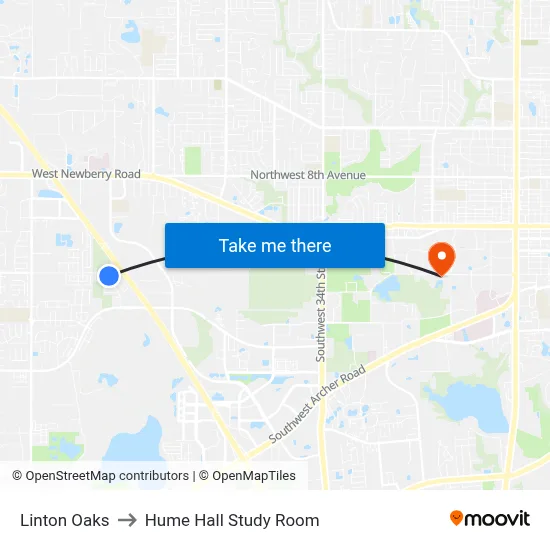 Linton Oaks to Hume Hall Study Room map